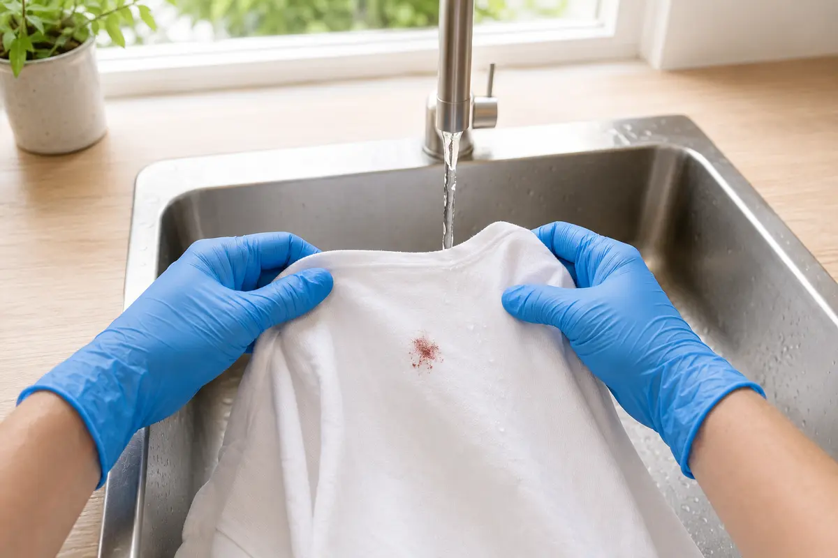 Rinçage à l’eau fraîche d’une petite tache de sang sur un vêtement blanc, vu par la personne qui tient le tissu