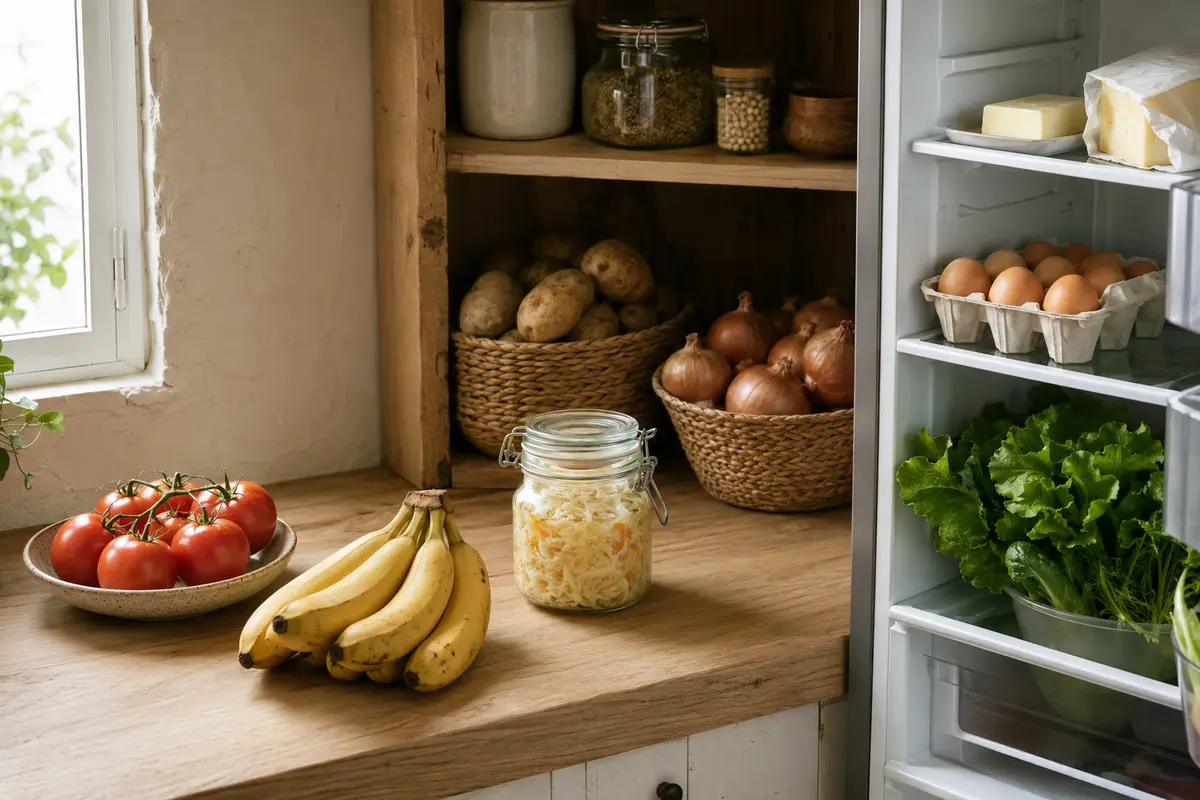Cuisine organisée entre garde-manger, plan de travail et réfrigérateur selon les besoins des aliments