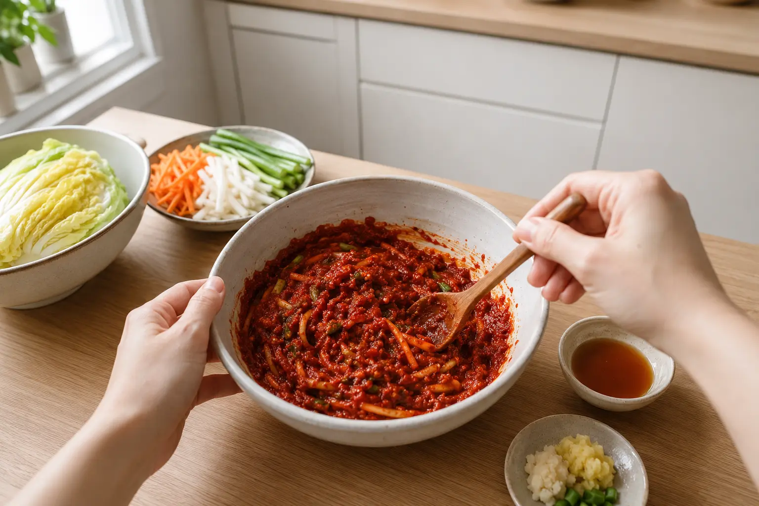 Préparation de la pâte rouge du kimchi classique avec les légumes émincés