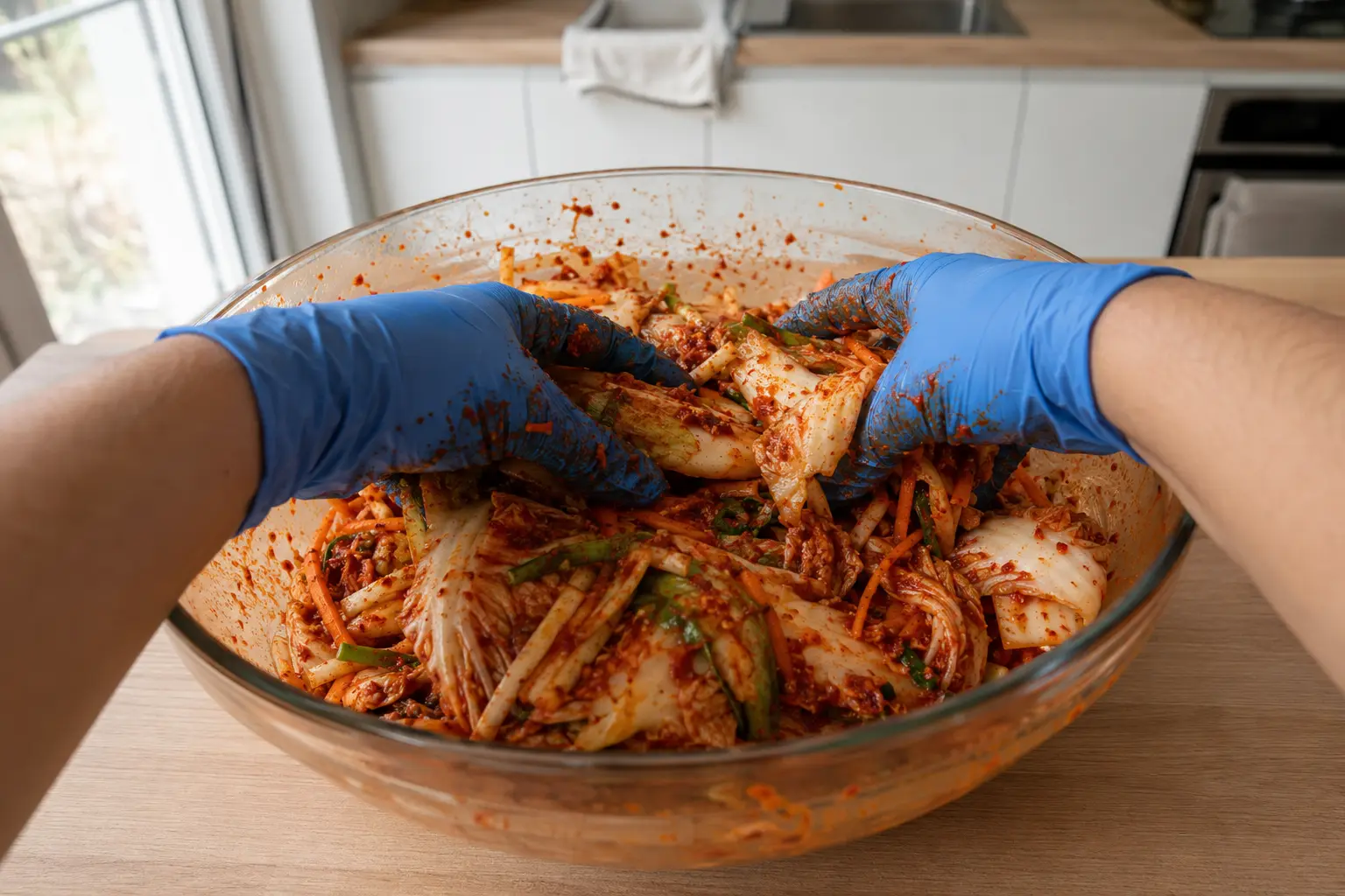 Enrobage du chou avec la pâte pimentée, mains gantées vues à la première personne
