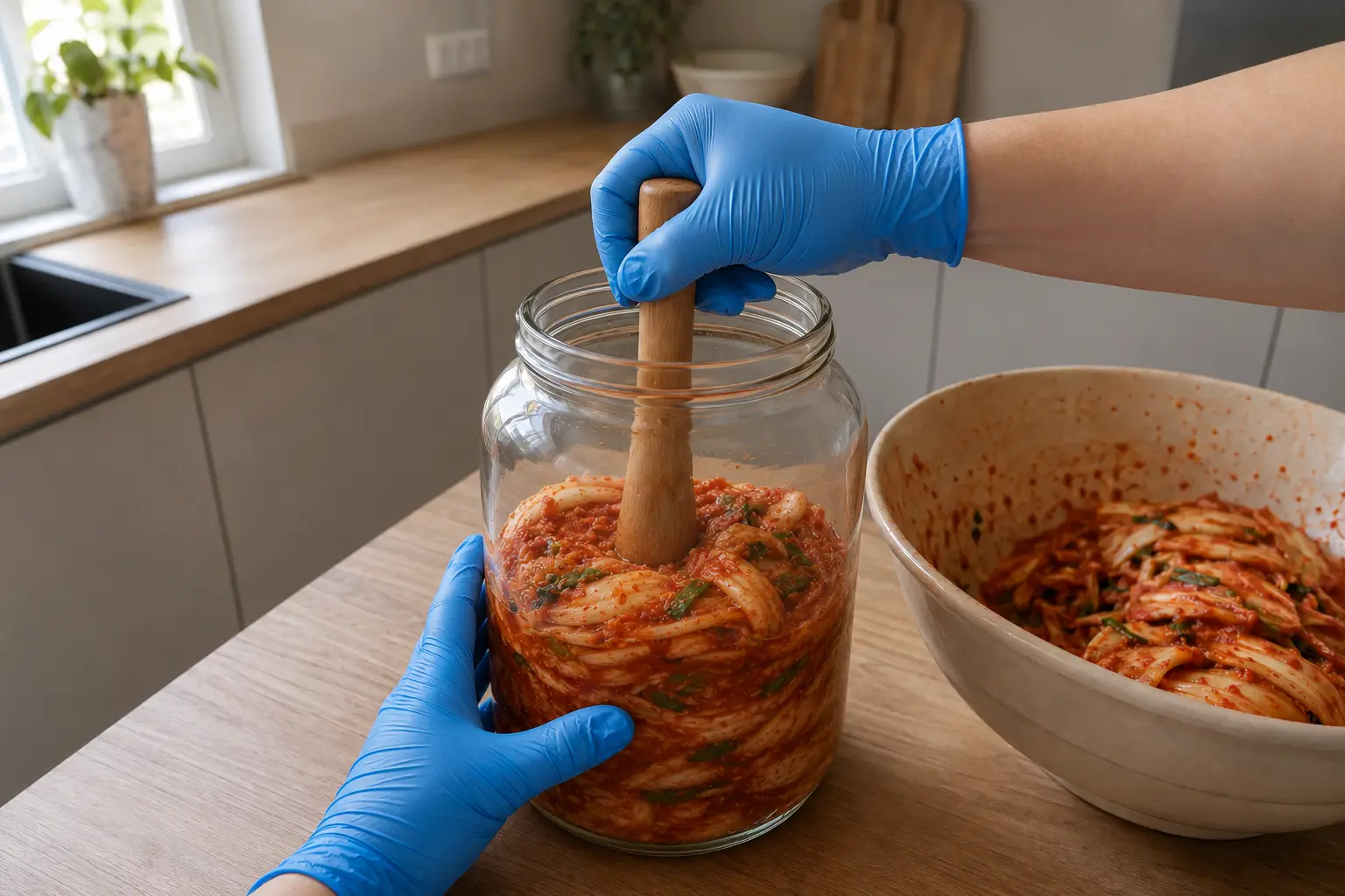 Tassage du kimchi classique avec un pilon en bois dans un bocal tenu par l’extérieur