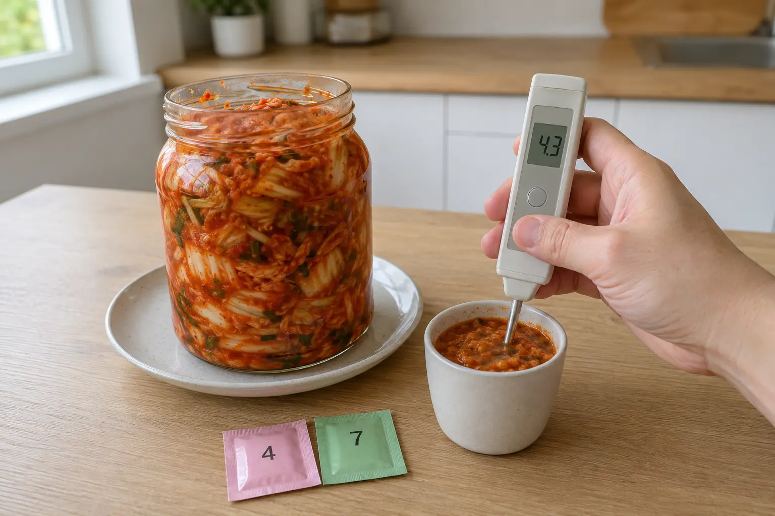 Mesure du pH final du kimchi classique avec une sonde alimentaire étalonnée