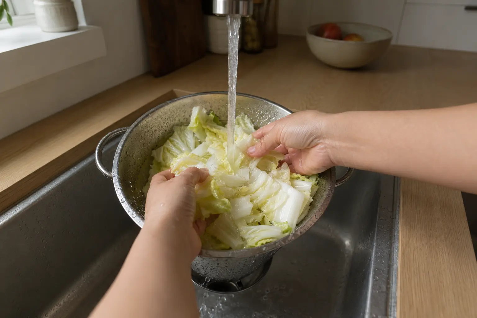 Chou chinois immergé dans une saumure de salage, vue à la première personne