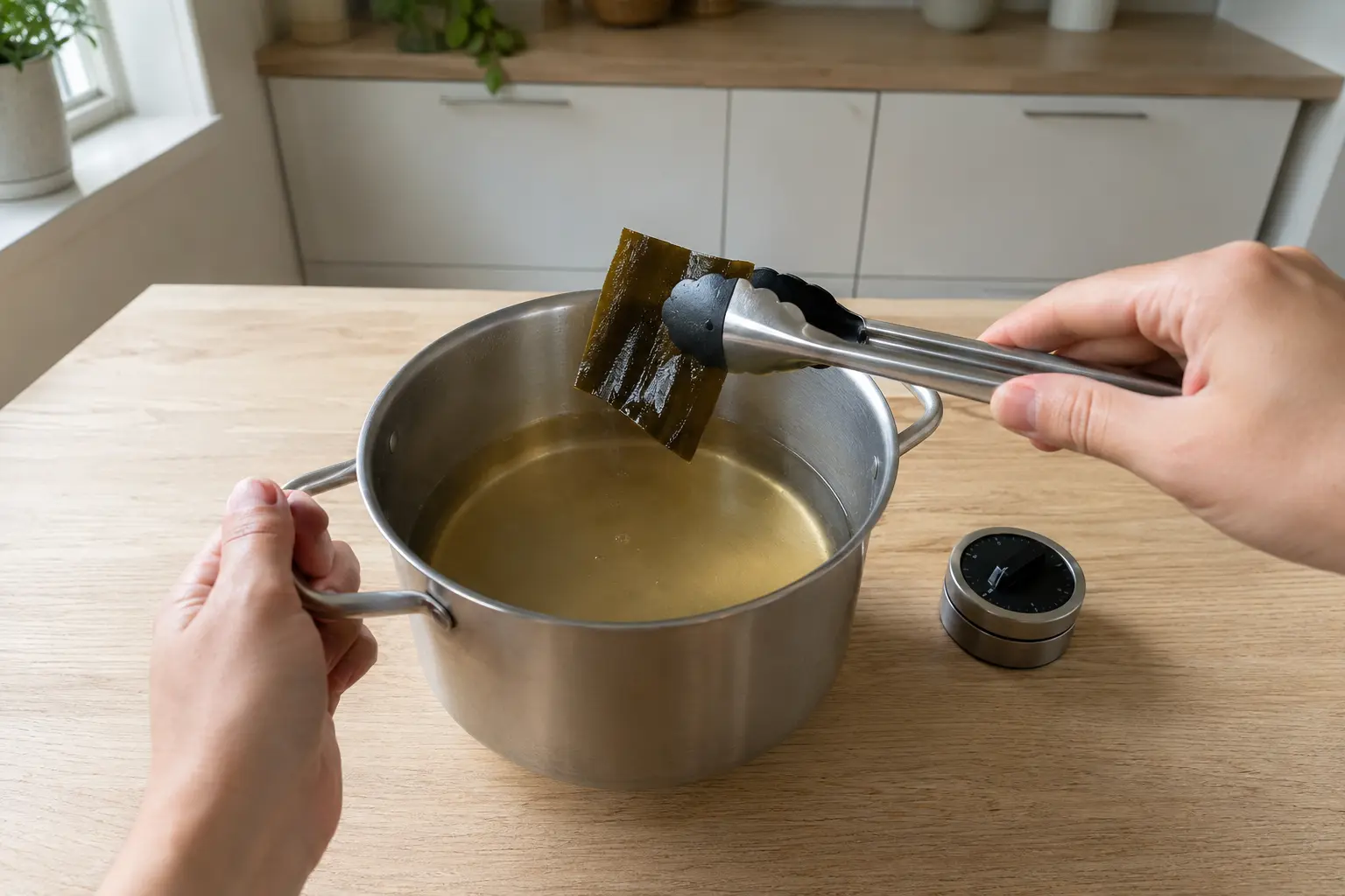 Infusion légère de kombu retirée avant la recette, vue à la première personne