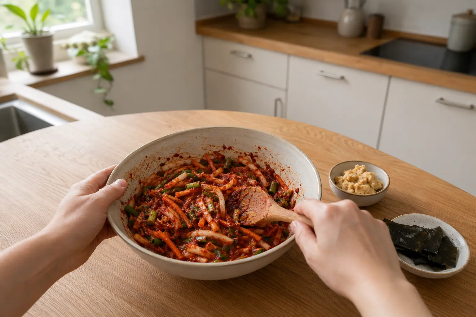 Pâte végétale au miso, tamari et gochugaru avec les légumes émincés