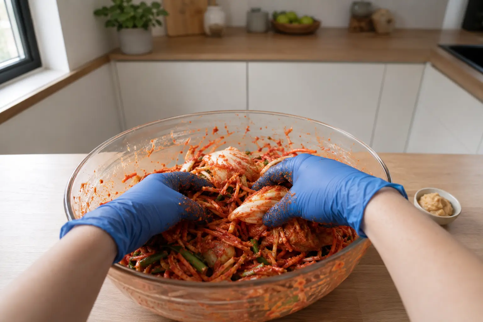 Enrobage du chou avec la pâte végétale pimentée, mains gantées vues à la première personne