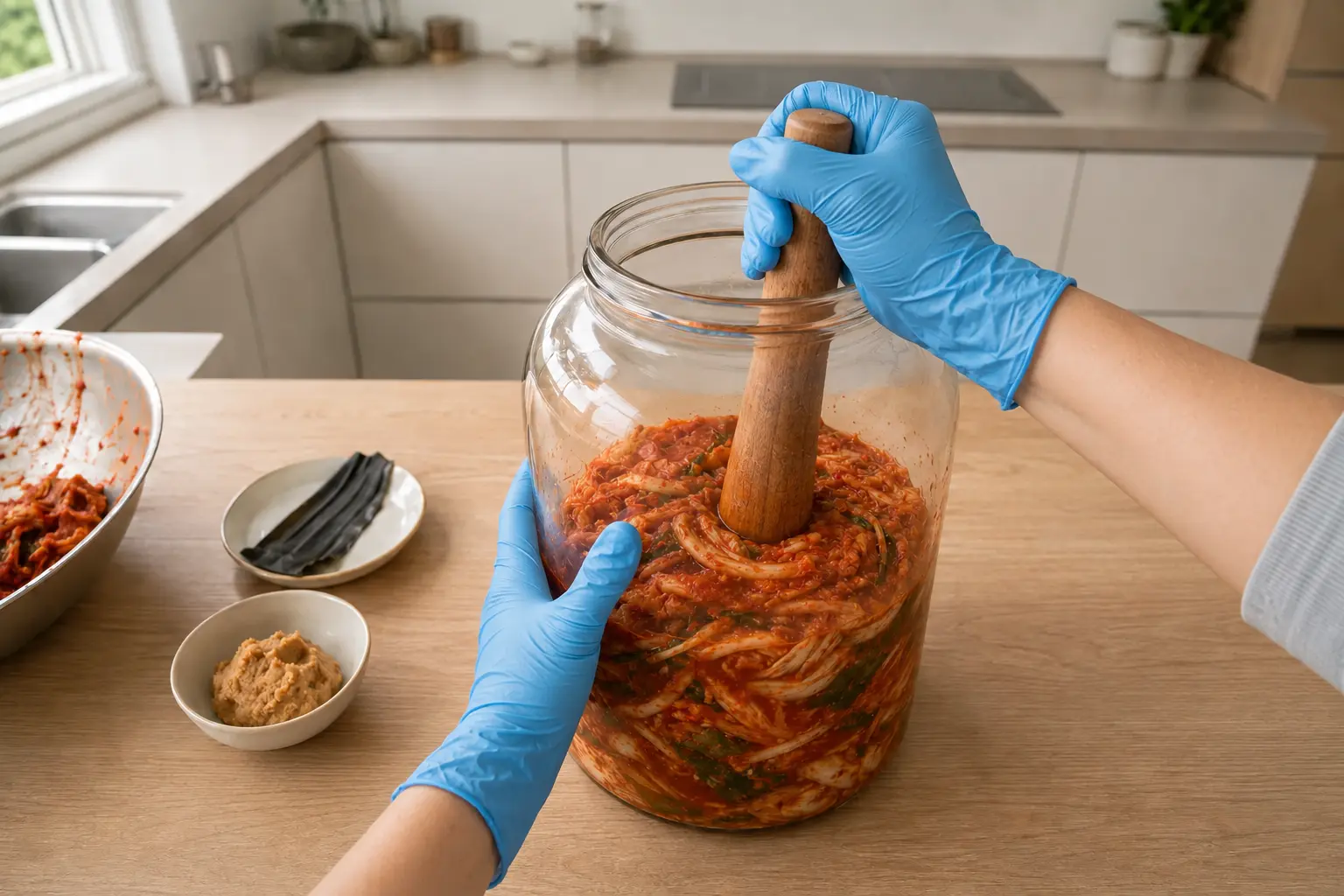 Tassage du kimchi végétarien avec un pilon en bois dans un bocal tenu par l’extérieur