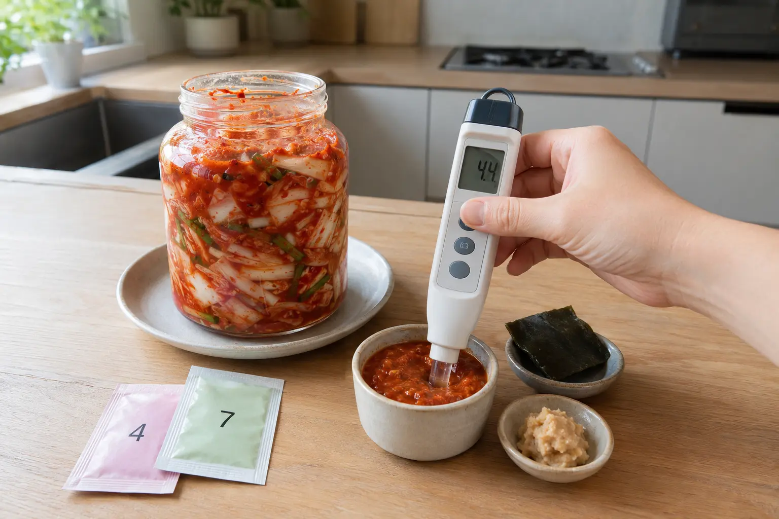 Mesure du pH final du kimchi végétarien avec une sonde alimentaire étalonnée