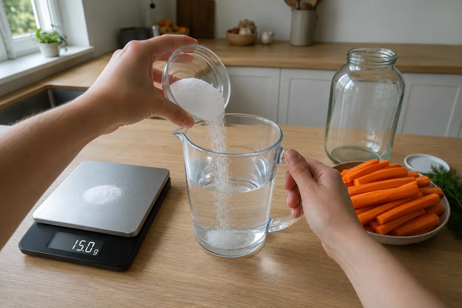 Pesée de 15 g de sel et préparation de la saumure à 3 % vue depuis la personne qui cuisine