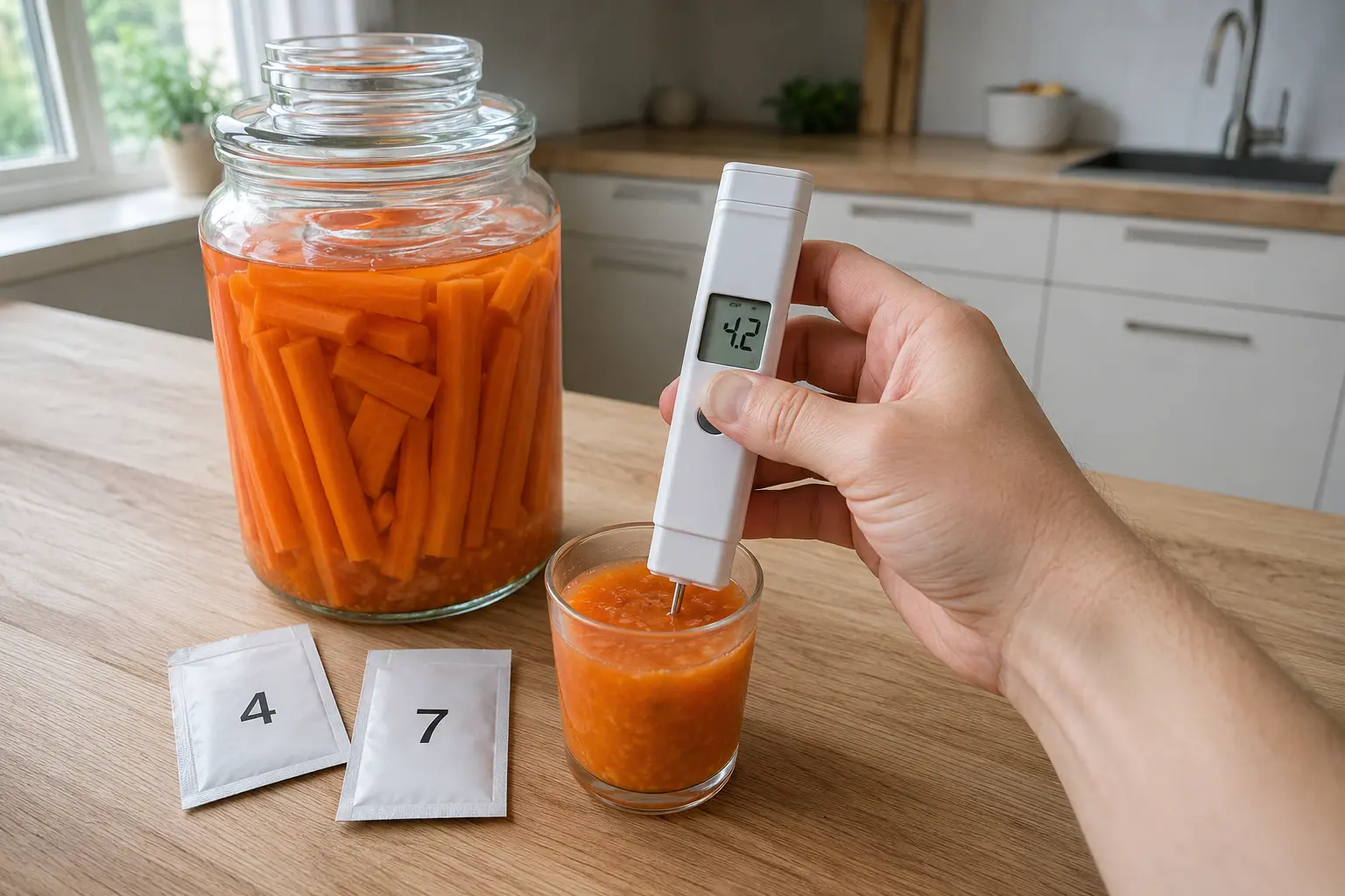 Mesure du pH final des carottes fermentées avec une sonde alimentaire étalonnée
