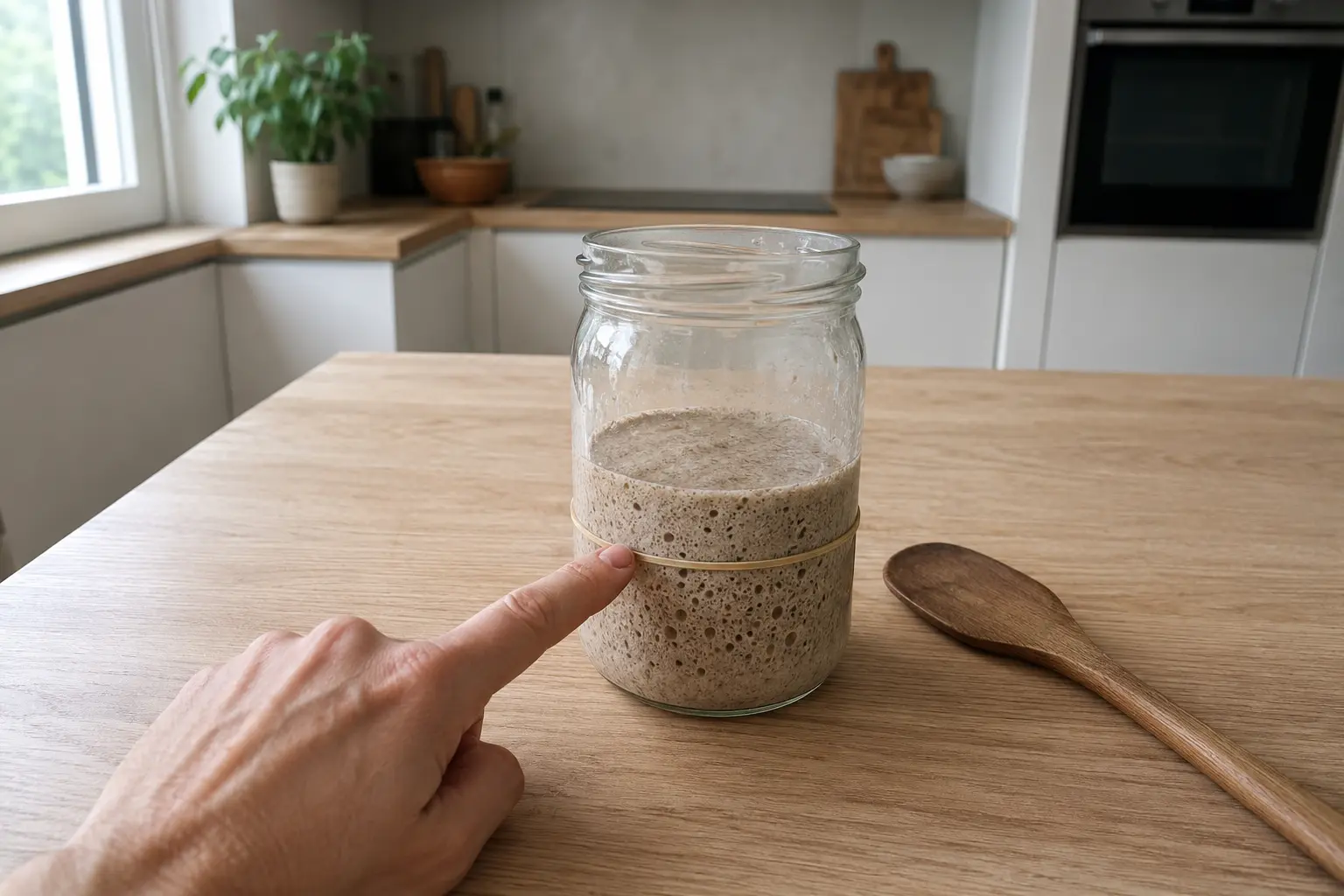 Observation de petites bulles et du repère de niveau sur le bocal de levain