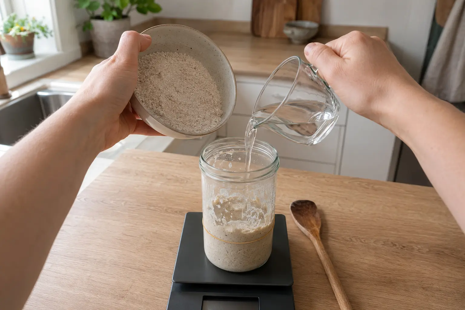 Rafraîchi d’un levain actif avec pesée de farine et d’eau, vu depuis la personne qui cuisine