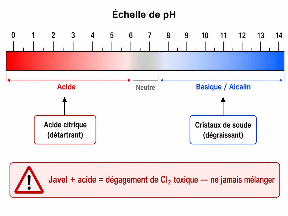 Échelle de pH appliquée aux nettoyants maison : acide pour le calcaire, basique pour les graisses