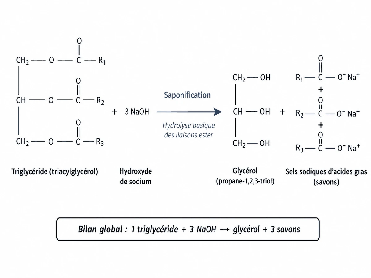 Schéma de la réaction de saponification : un triglycéride réagit avec trois molécules de soude pour donner trois savons et du glycérol