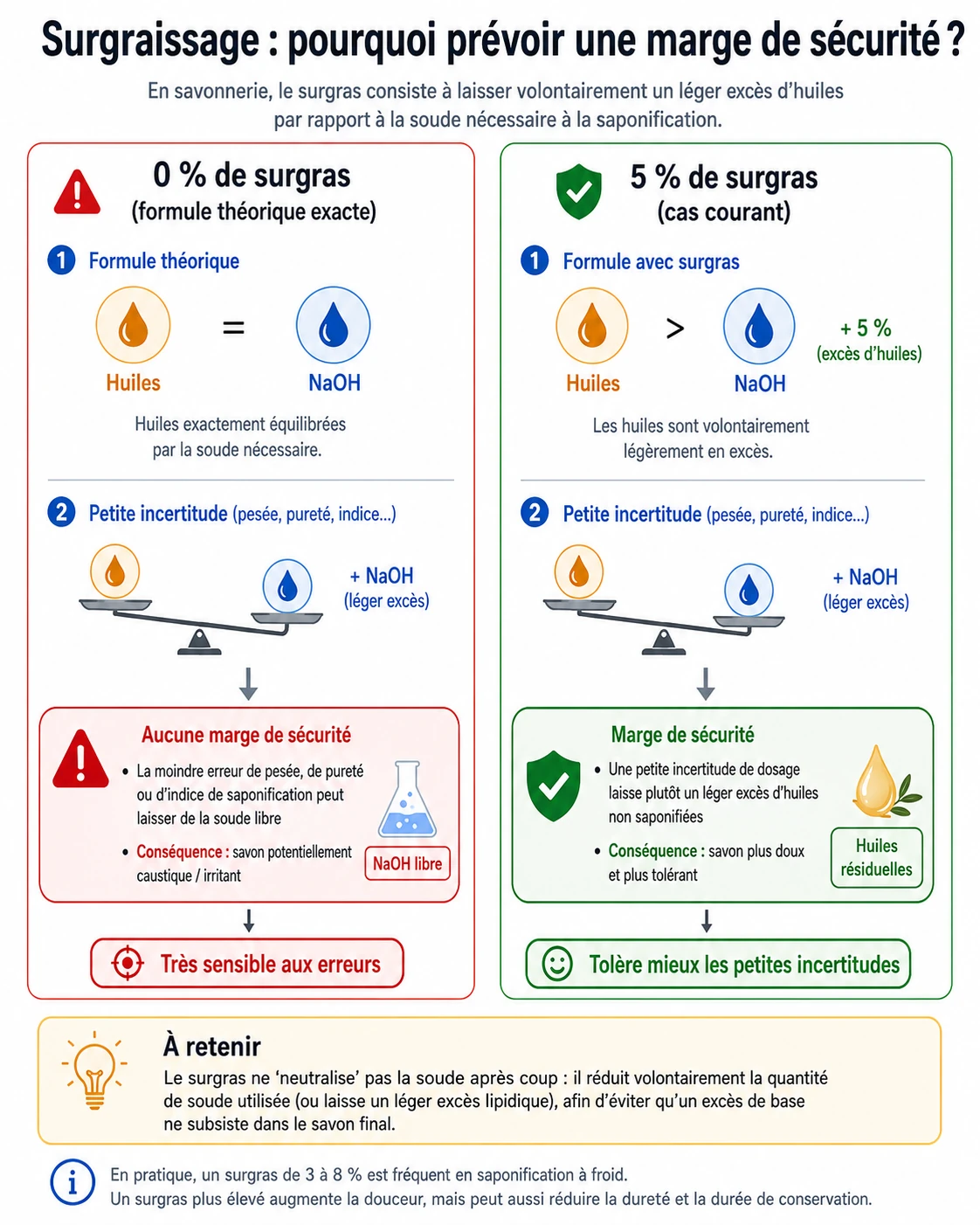 Comparaison entre un savon à 0 % de surgras et à 5 % : le surgras offre une marge de sécurité face aux petites erreurs de dosage