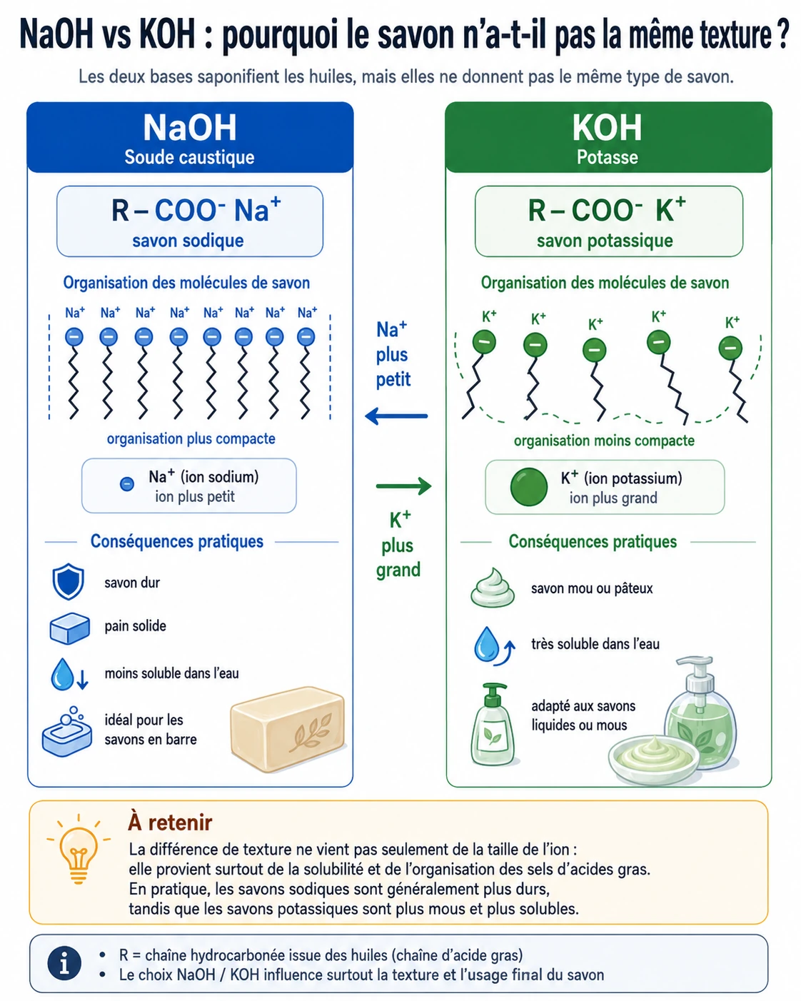 Comparaison NaOH et KOH : la soude donne un savon dur, la potasse un savon mou ou liquide