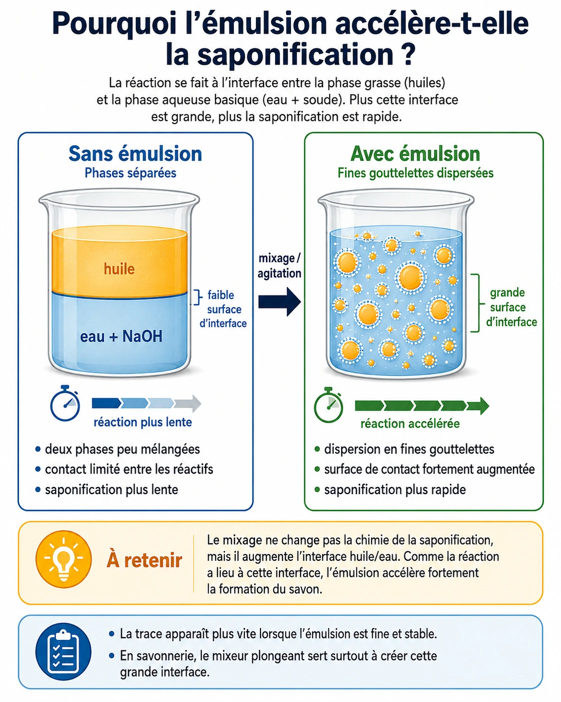 Sans émulsion, les phases sont séparées avec une petite interface ; avec le mixeur, l'émulsion crée une grande surface de contact