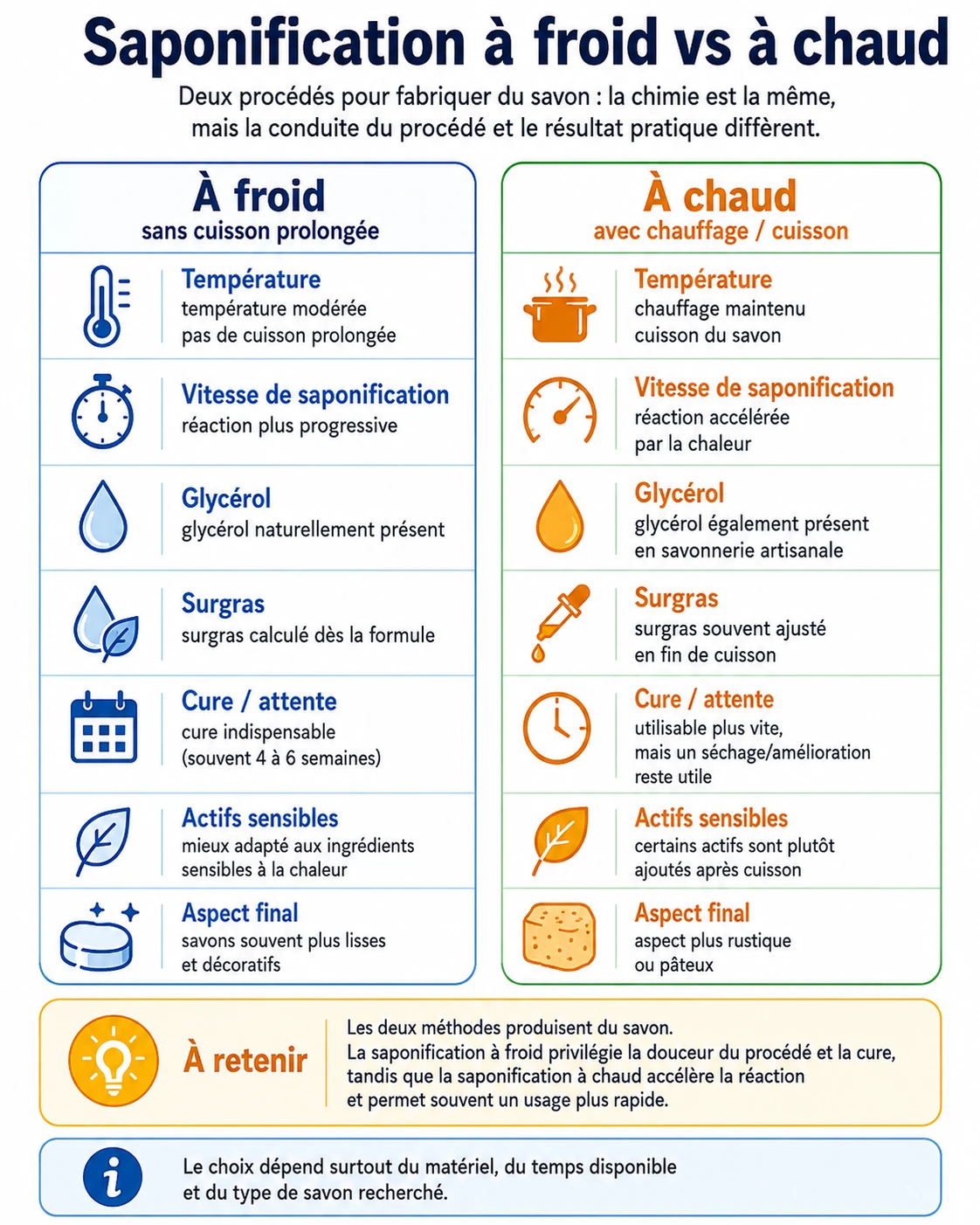 Comparaison des procédés à froid et à chaud : température, glycérol, surgras, cure et aspect final