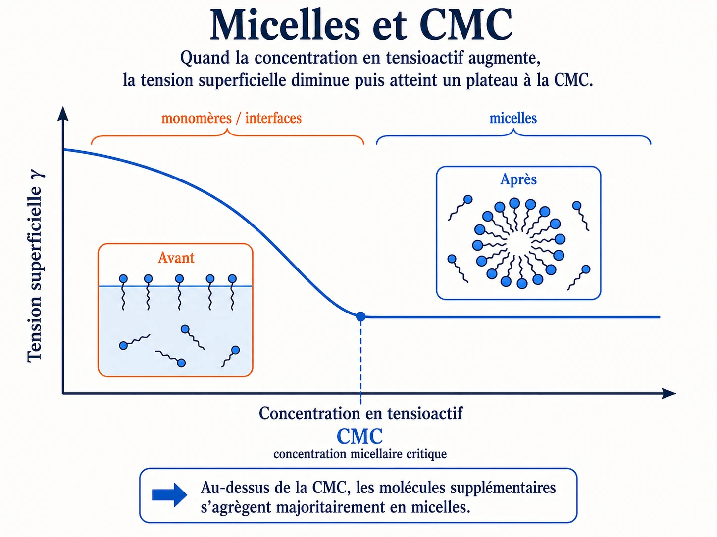 Graphique de la tension superficielle en fonction de la concentration : elle chute puis atteint un plateau au point CMC, où se forment les micelles