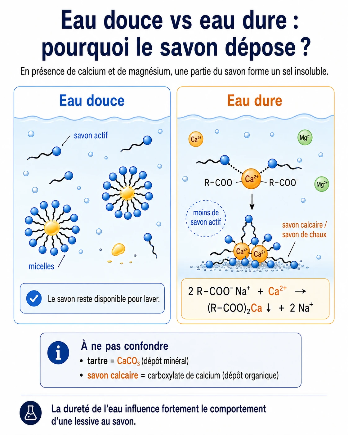 En eau douce le savon reste actif ; en eau dure, le calcium capture le savon deux par deux et forme un précipité insoluble