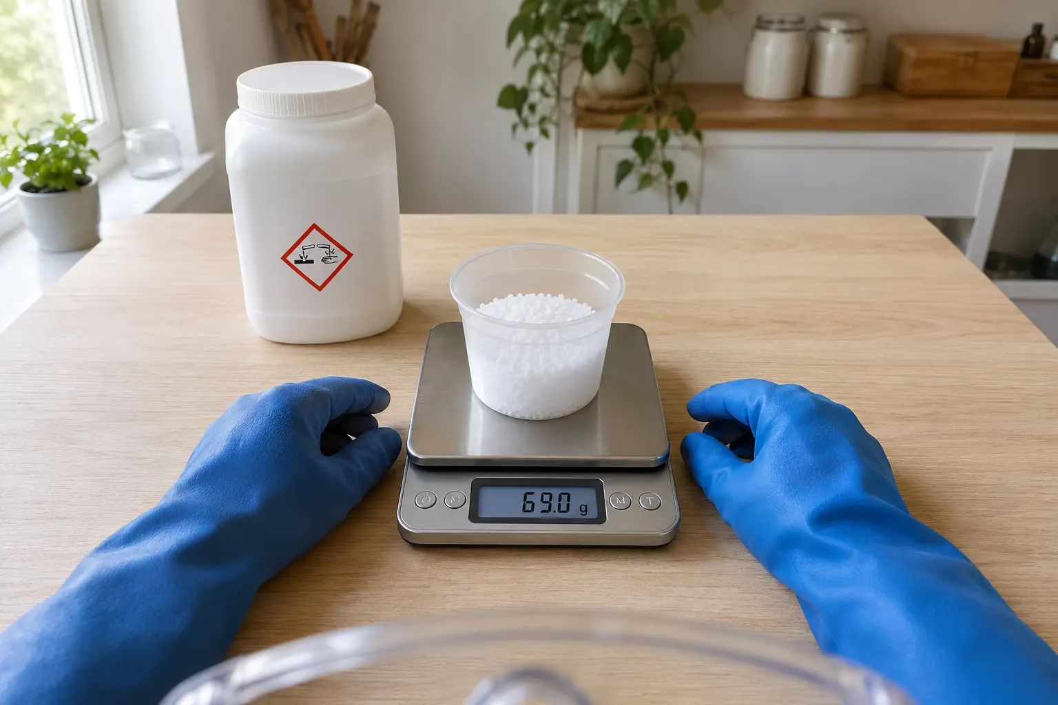 Pesée précise de 69,0 g de soude caustique sur une balance graduée à 0,1 g