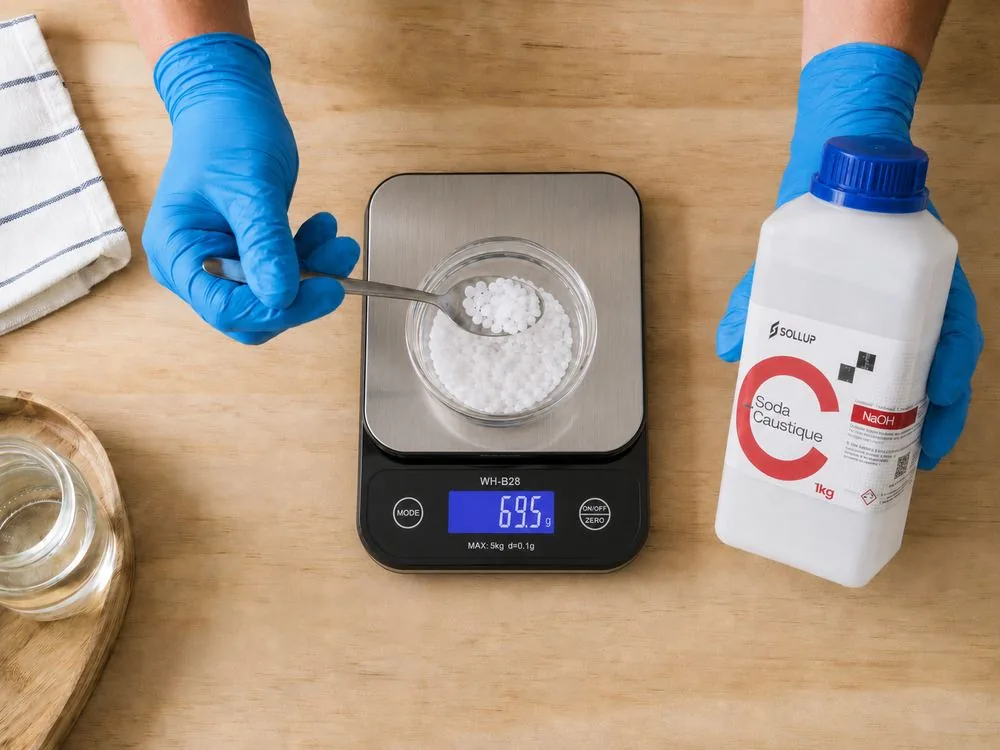 Pesée précise de 69,5g de soude caustique sur une balance 0,1g